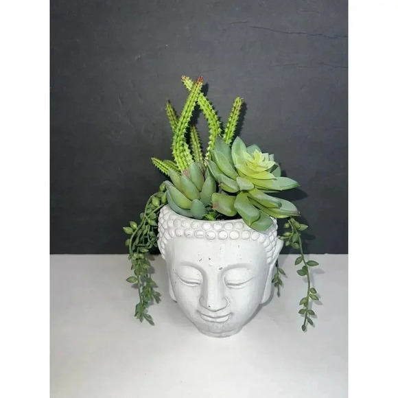 Buddha head Concrete Modern planter faux succulent plant Hindu Zen Decor gift - Picture 2 of 6